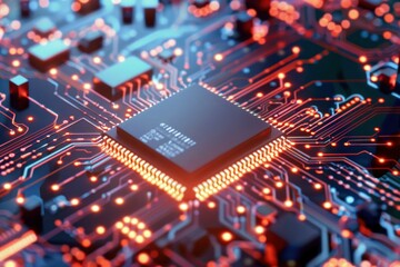 Closeup of a microchip on a circuit board with illuminated electronic pathways