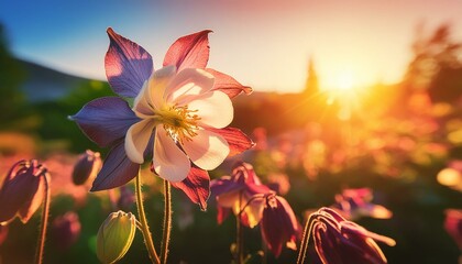 Elegant Columbine flowers illuminated by the warm glow of the setting sun, creating a serene and enchanting natural scene. High-quality image with ample space for text.