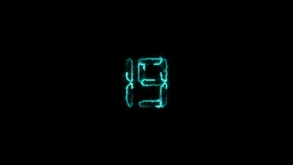 abstract cyan color neon light countdown nineteen number electric line  4k illustration on black background.