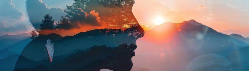 mountain landscape with a sunrise close up, focus on, copy space, vibrant colors, Double exposure silhouette with Phoenix rising