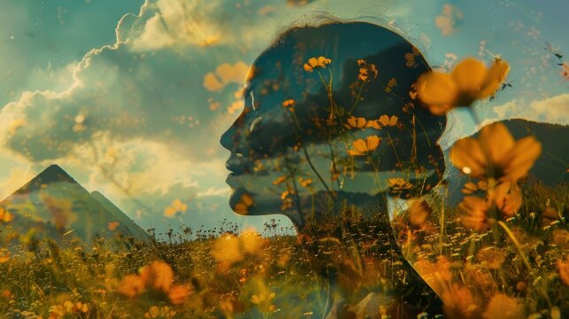 mountain meadow with blooming flowers close up, focus on, copy space, rich earthy hues, Double exposure silhouette with Phoenix spirit