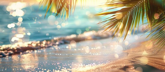 Scenic setting for a summer getaway and adventure: Sunlit tropical beach with shimmering golden sand, palm leaves swaying in the breeze, and sparkling water with bokeh effects.
