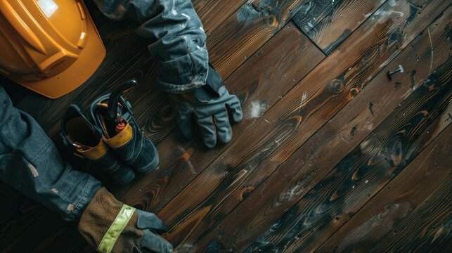  Protective clothing and a helmet on wooden floor.