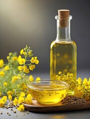 Canola Oil: A transparent bottle of light yellow canola oil, with a small canola seeds beside it.