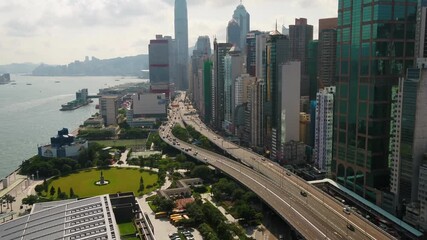Aerial Drone view in Hong Kong Victoria Harbour seaside Kowloon Peninsula Financial and Commercial area