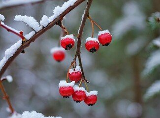 Red berries covered in snow on a branch during winter