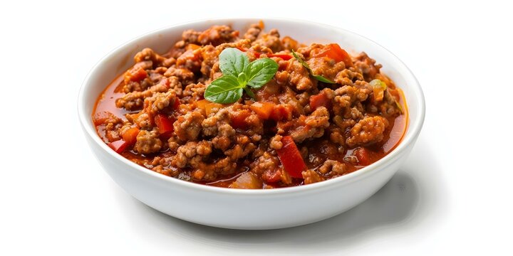 Traditional Cuban Picadillo on a plain white background. Concept Cuban Cuisine, Food Photography, Traditional Dish, Plain Background, Cuban Picadillo