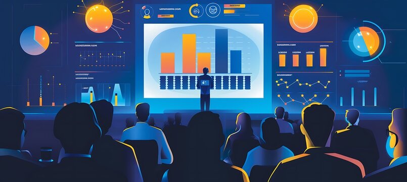Business symposium on management innovation and market growth using infographic storytelling and datadriven design including diverse participants from around the world