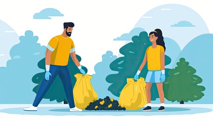 Fototapeta premium Two people are cleaning up trash in the park 