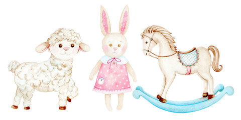 Sheep, bunny, rocking horse. Toys for toddlers. Watercolor illustration is hand drawn. Suitable for textiles, scrap paper, wallpaper, wrapping paper, cards, invitations