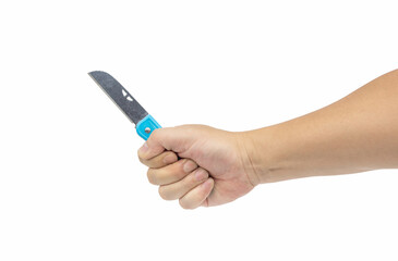 Hand holding folding pocket knife isolated on white background