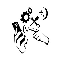 Online technical support. Customer support. Call center operator finds a solution to the problem. Technical support via phone app. Customer assistance 24/7. Vector illustration flat design.