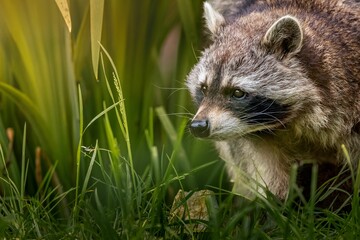 Fototapeta premium Close-up of a raccoon in a lush green environment with soft sunlight
