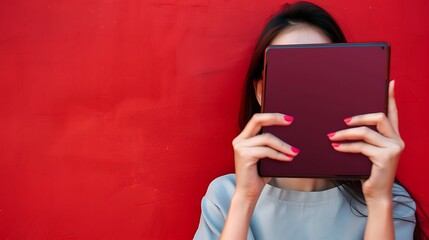 Red wall background, excited Asian woman with a burgundy smartphone, blank screen visible.