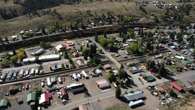 Aerial View of Downtown Creede, Colorado USA, Former Mining Town Buildings and Streets, Drone Shot