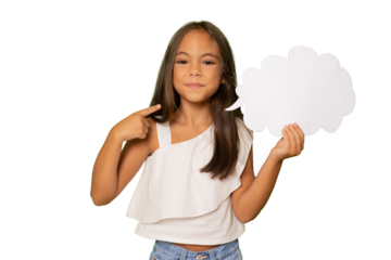 Cheerful child girl hold white paper cloud genius idea solution problems isolated on transparent background