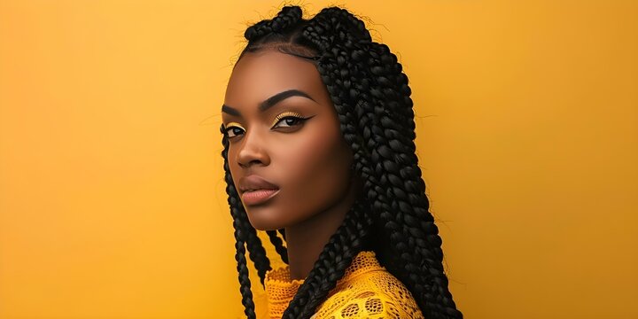 Black woman with long cornrow braids in yellow top against tan background. Concept Fashion Photography, Yellow Top, Cornrow Braids, Tan Background, Black Model