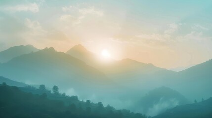 mountain valley at dawn close up, focus on, copy space, soft hues, Double exposure silhouette with Naga