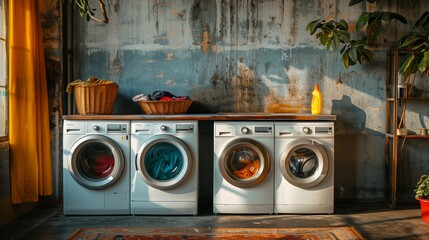 Four White Washing Machines in Industrial Laundry Room