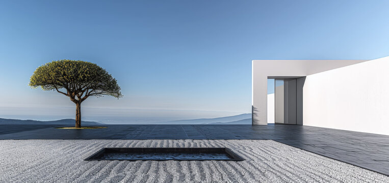  Vivienda de moderna construcci&oacute;n de una planta en hormig&oacute;n blanco, con gran jard&iacute;n decorado en pizarra negra, con piscina central y &aacute;rbol aislado, sobre fondo de cielo azul de verano del mediterraneo