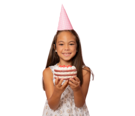Happy child girl wearing birthday hat and holding a cake on transparent background.