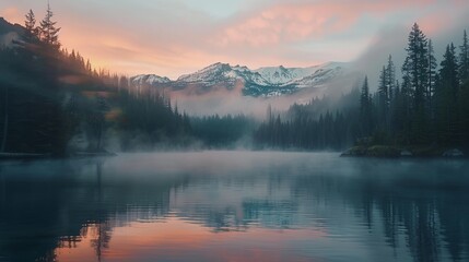 Fototapeta premium Misty Sunrise Over a Mountain Lake