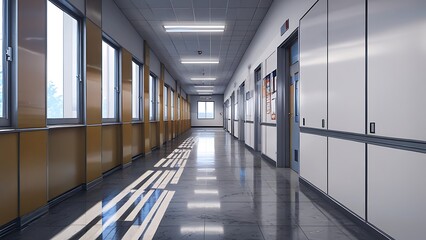 Long empty hallway in modern building with bright lighting and tiled floors.