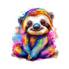 A colorful cute sloth sit portrait on a white background. Sublimation designs. Wildlife Animals.