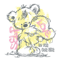 Teddy Bear loves slogan vector illustrations. Love message and hand-drawn design teddy bear. Graphic t-shirt design, love slogan with a cute bear toy, vector illustration for t-shirt.