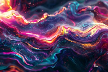Digital art image of vibrant waves in a fluid, surreal landscape