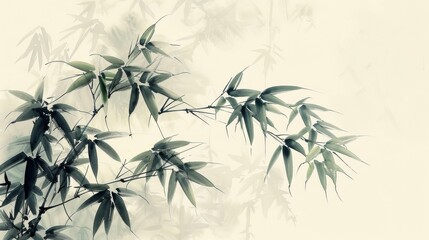 Fototapeta premium Elegant Ink Wash Painting of Bamboo Branches, Minimalist Asian Art with Green Foliage