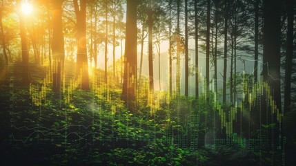forest scene with stock chart close up, focus on, copy space, lush green tones, Double exposure silhouette with Wyvern guardian