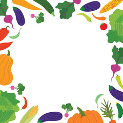 Vegetables frame. Empty square template for fresh food market. Veggies farm harvest vector illustration