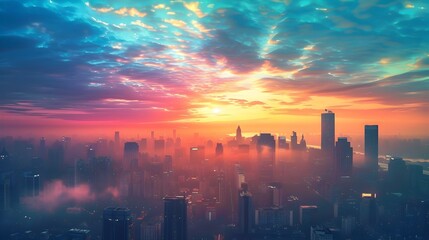 Fototapeta premium Dramatic Cityscape at Dawn with Silhouetted Skyscrapers Against Colorful Sunrise Sky