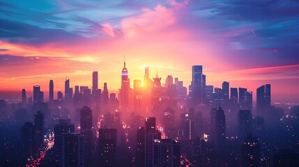 Fototapeta premium Vibrant Cityscape Silhouetted Against Colorful Sunrise Sky