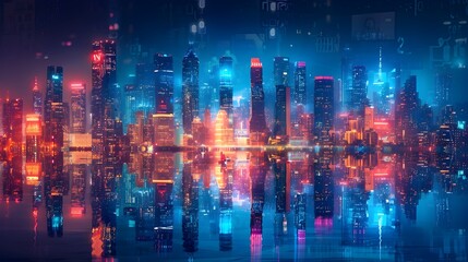 Obraz premium Vibrant Cityscape with Glowing Skyscrapers and Dazzling Night Lights