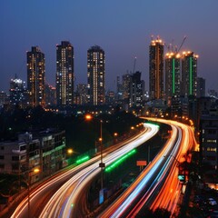 Fototapeta premium Glowing Tricolor Light Trails Illuminate Urban Skyline on Indian Independence Day Evening