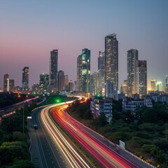 Naklejka premium Tricolor Light Trails Illuminating Urban Skyline on Indian Independence Day Evening