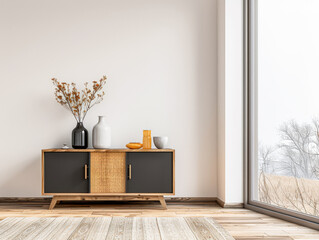Stylish sideboard next to a big window filling the room with natural lighting in a residential interiors composition. Real Estate and architectural advertising with copy space.