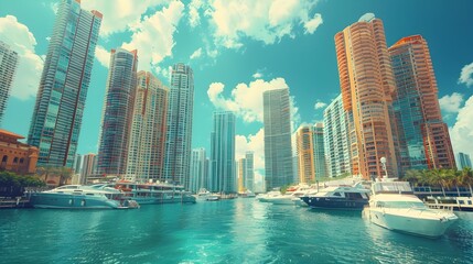 Naklejka premium Majestic Cityscape with Bustling Harbor and Soaring Skyscrapers
