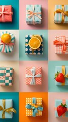 Colorful gift boxes arranged in a grid pattern, each adorned with fruits and ribbons, creating a vibrant and festive display.
