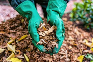 Naklejka premium Close-Up of Hands Holding Mulch in Green Gloves