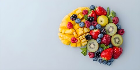 Fruits create brain shape promoting memory and cognitive health through nutrition. Concept Nutrition, Brain Health, Memory, Fruits, Cognitive Health