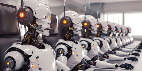 Fototapeta premium Row of robots in call center working as operators answering customer calls