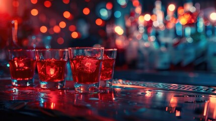Row of shots with red liquor on a waiter tray. Night club, evening party. Lights bokeh with bartender on background