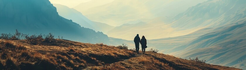 Fototapeta premium mountain valley with shadowy figures close up, focus on, copy space, rich earthy hues, Double exposure silhouette with Bauk