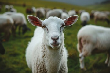 Obraz premium Close-up of a Happy Sheep in a Green Pasture with Other Sheep