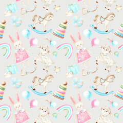 Toys for toddlers. Seamless pattern is hand drawn. Suitable for textiles, scrap paper, wallpaper, wrapping paper, cards, invitations and children's party decorations.