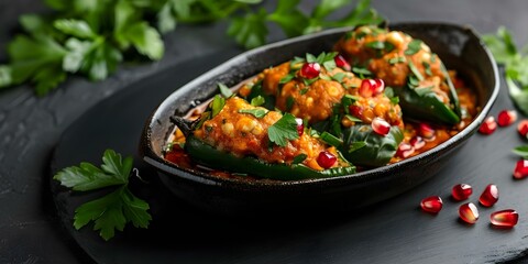 Mexican dish stuffed poblano peppers in walnut sauce with pomegranate garnish. Concept Mexican Cuisine, Stuffed Poblano Peppers, Walnut Sauce, Pomegranate Garnish