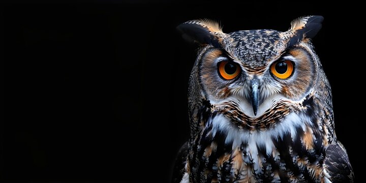 Eagle owl against black background with white highlights isolated. Concept Bird Photography, Wildlife Portraits, Nature Close-ups, Avian Beauty, Contrasting Backgrounds